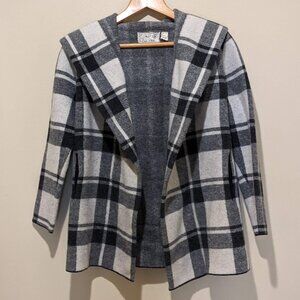 Anthropologie Field Flower Hooded Sweater Coat XS – Black White Check Wool Blend